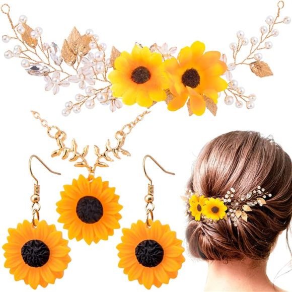 OIIKI Sunflower Bridal Kit, Wedding Sunflower Headband Bridal Sunflower Necklace